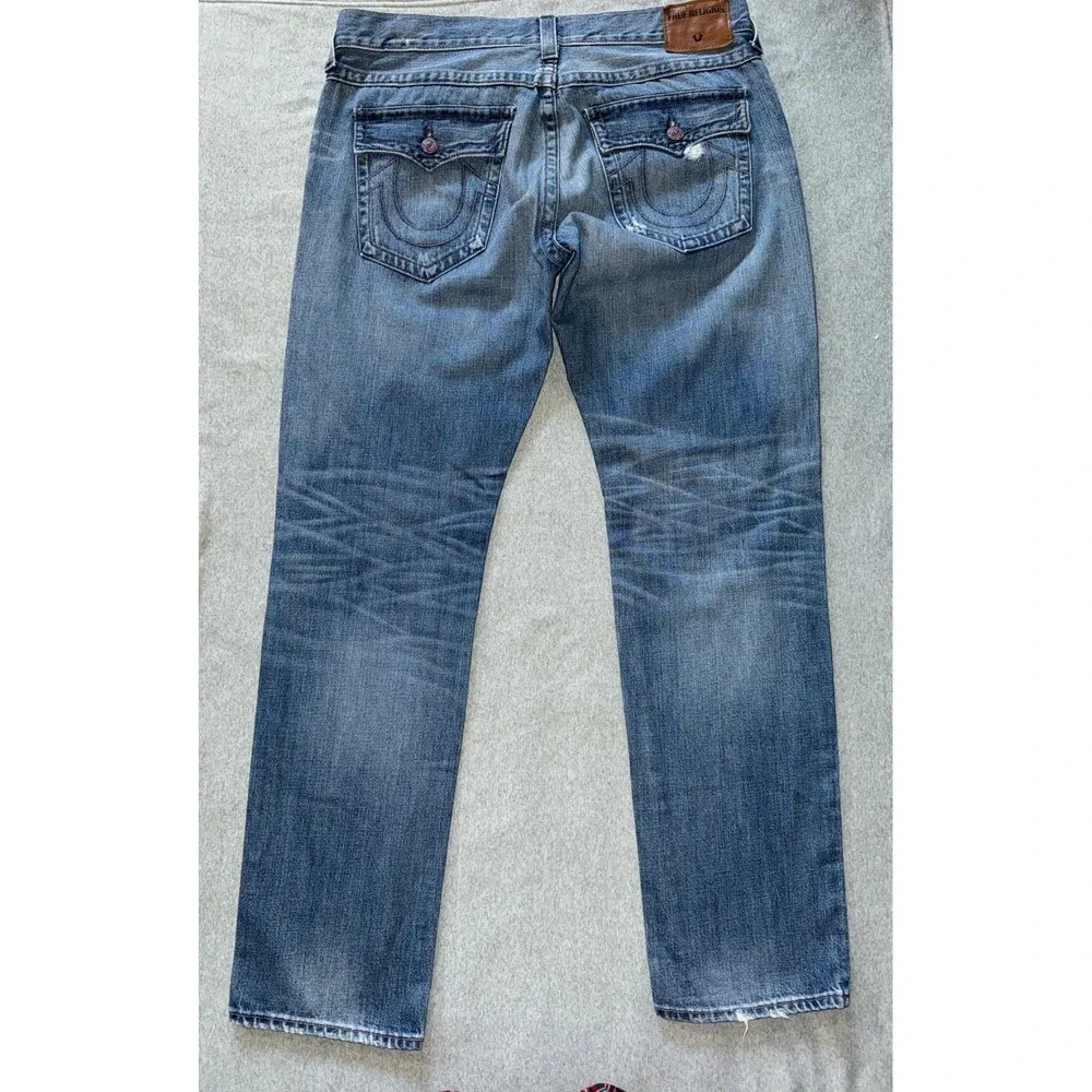 True Religion Mens Geno Relaxed Slim Distressed Dark Wash Blue‎ Size 38